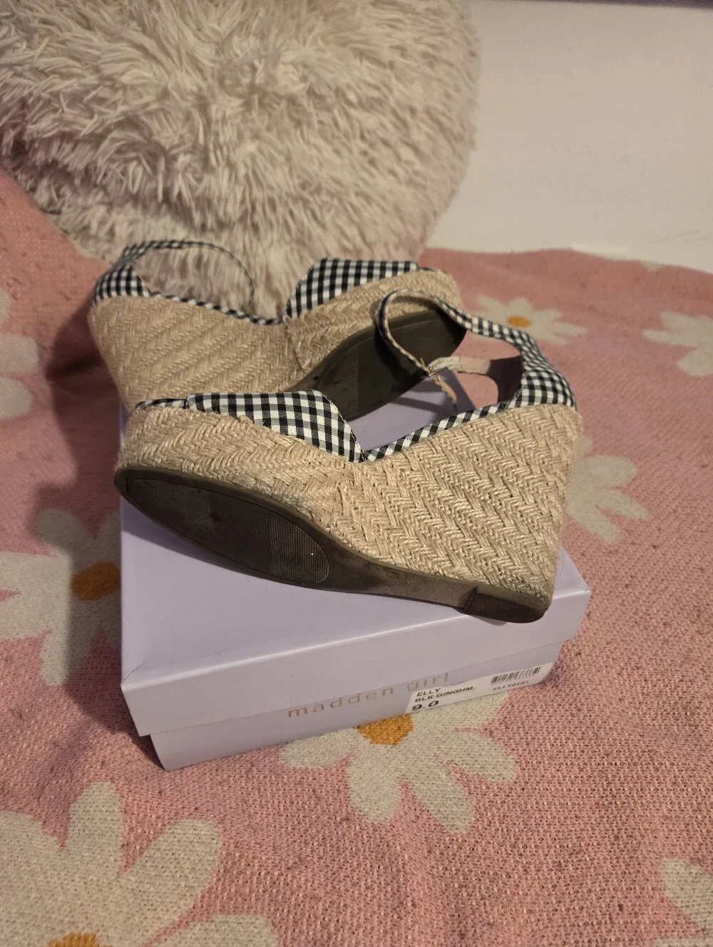 Madden Girl Black & White Gingham Floral Embroidered Espadrille Wedge Sandals